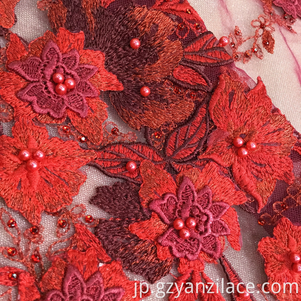 Red Handwork Beaded Embroidery Fabric